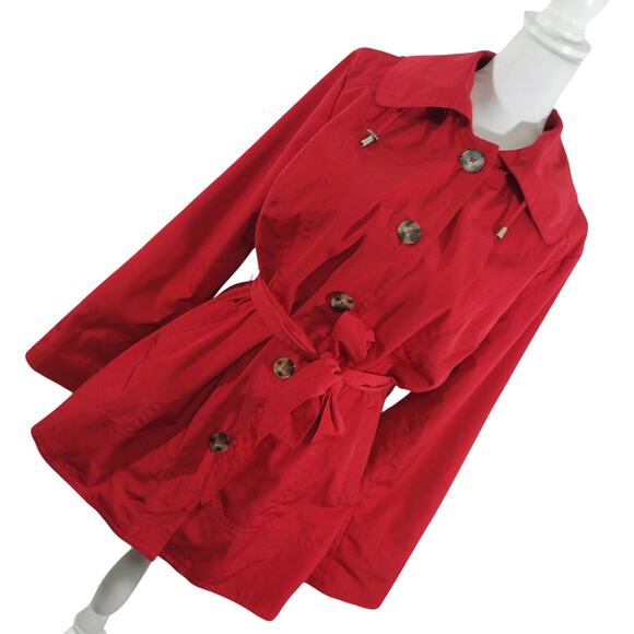LONDON FOG "TOWNE!" RACY RED COTTON DUCK BELTED RAINCOAT, W/BUTTON ON HOOD! SZ L - Picture 13 of 13